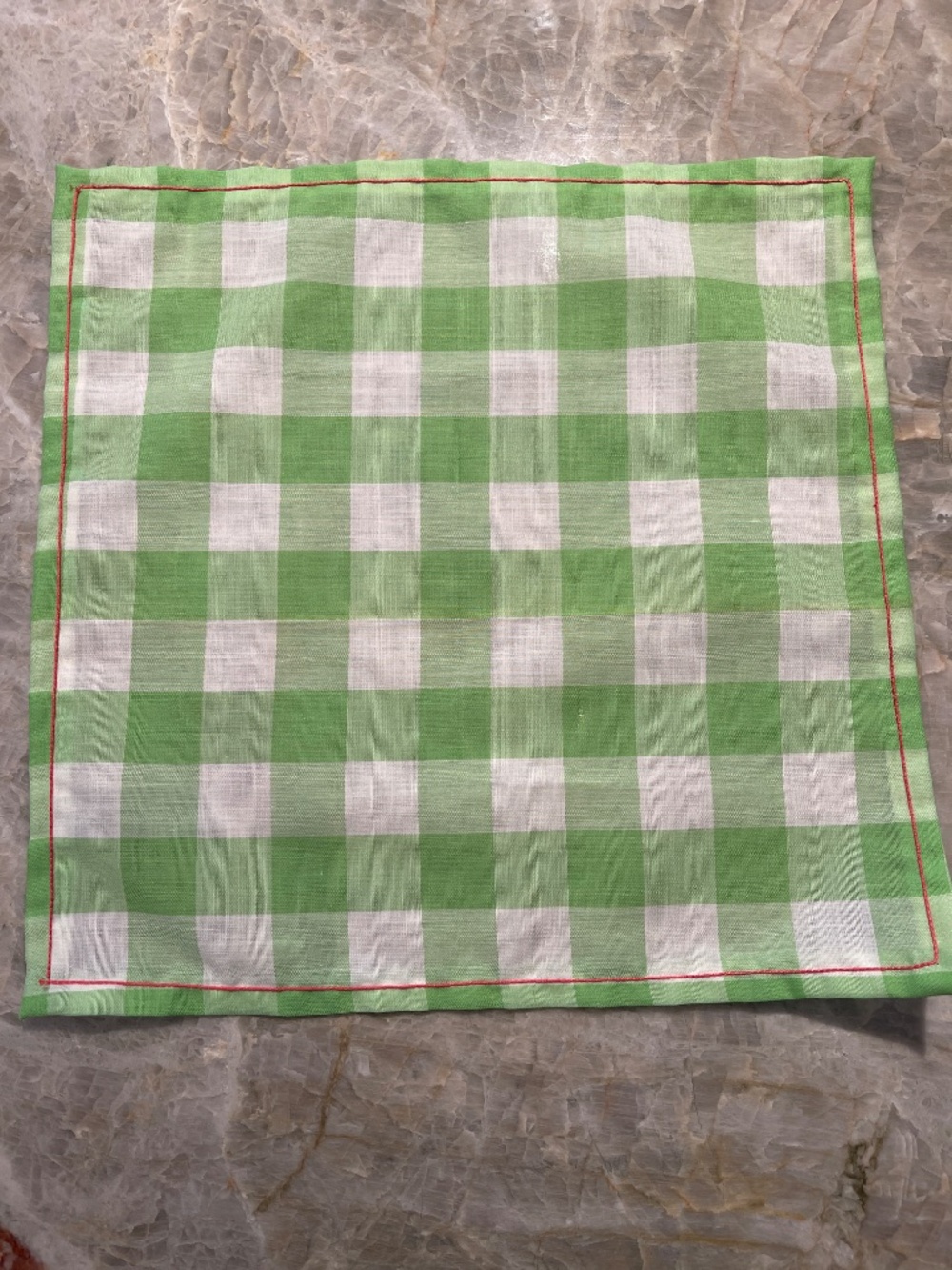 Set of 8 Cloth Napkins, Vintage Fabric Green Check Pink Embroidery Thread, 12.5"